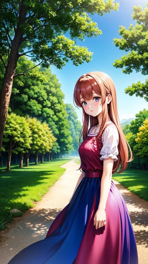 anime-style illustration, A tranquil landscape featuring a close-up of a young woman standing on a footpath, overlooks the vast expanse of clear blue sky,The scene is depicted in a highly saturated and vibrant style, intense and rich colors vivid, flower a...