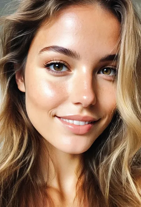 selfie instagram, haut du corps, une femme magnifique de 23 ans,  poitrine, léger sourire, visage et yeux détaillés, Éclairage naturel, à la maison, cheveux longs, faible contraste, visage naturel, taches de rousseur, cheveux blond foncé, yeux marrons, épi...