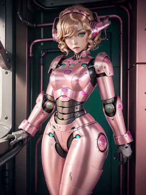 (masterpiece), best quality, expressive eyes, perfect face, blonde hair, curly hair, green eyes, robot, robot lady, robot features, female robot, solo, (pink metal:1.5), pink robot, small breasts, thick thighs, short hair, shy expression, metal face, robot...