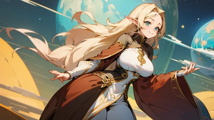 Anime Style,A detailed background with many people,A planet that is not Earth,Smiling Bard Elf,Mature Woman,Large Breasts,Protruding buttocks