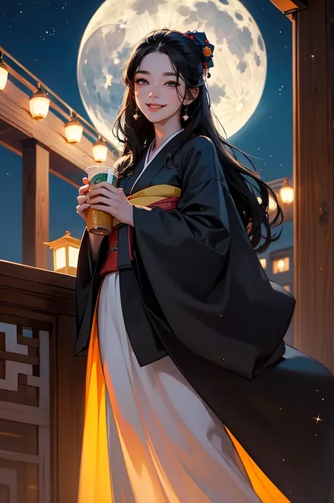 (masterpiece), best quality, expressive eyes, perfect face, At night, under the city lights, on a balcony of an apartment, a A beautiful black-haired woman in a kimono drinks beer, smiling, under the moon and stars, feeling the night breeze.