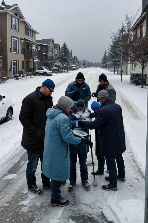 Create an image that conveys a sense of coolness and investigation. Use shades of blue and gray to depict a winter landscape with snow-covered buildings and icy roads. Include a group of detectives huddled together, analyzing evidence around a snow bank. U...