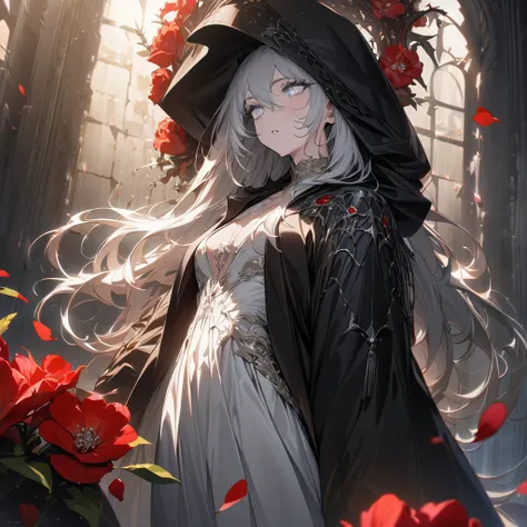 one beautiful Germans girls Grim Reaper,teenagers,wearing robe,Shes standing with a scythe,Look in here,luxury,The petals of red equinoctial flowers dance,(((masterpiece))), (((best quality))), ((ultra-detailed)), (illustration), (detailed light),((an extr...