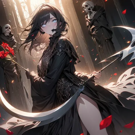 one beautiful Germans girls Grim Reaper,teenagers,wearing robe,Shes standing with a scythe,Look in here,luxury,The petals of red equinoctial flowers dance,(((masterpiece))), (((best quality))), ((ultra-detailed)), (illustration), (detailed light),((an extr...