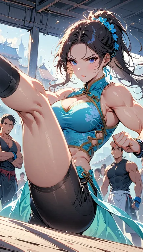 Boxing Match between muscular woman and doing a high kick, six pack, no men in background , Chinese dress crop top,  and leggings ,portrait, empty dojo background 