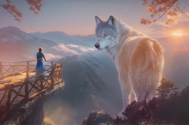 Magical digital illustration, surrealism, sunset, huge wolf walk among the mountains,  turns round and looks at the girl, girl standing with her back, A girl stands on a wooden balcony overlooking a vast, misty mountain landscape, a girl dressed in a Cauca...