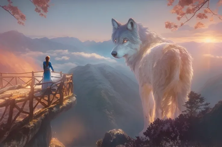 Magical digital illustration, surrealism, sunset, huge wolf walk among the mountains,  turns round and looks at the girl, girl standing with her back, A girl stands on a wooden balcony overlooking a vast, misty mountain landscape, a girl dressed in a Cauca...