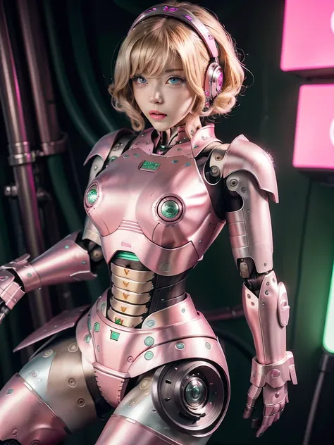 (masterpiece), best quality, expressive eyes, perfect face, blonde hair, curly hair, green eyes, robot, robot lady, robot features, female robot, solo, (pink metal:1.5), pink robot, small breasts, thick thighs, short hair, shy expression, metal face, robot...