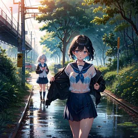 Masterpiece, highest quality, high resolution background, bright and beautiful atmosphere, 3 girls (2 years old, 1 short-tempered round face), 1 child) (hair, surface effects), small breasts, under railway overpass, wet skirt A girl with her hair turned up...