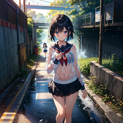 Masterpiece, highest quality, high resolution background, bright and beautiful atmosphere, 3 girls (2 years old, 1 short-tempered round face), 1 child) (hair, surface effects), small breasts, under railway overpass, wet skirt A girl with her hair turned up...