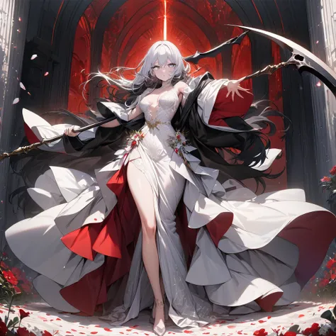 one beautiful Germans girls Grim Reaper,teenagers,wearing robe,Shes standing with a scythe,Look in here,luxury,The petals of red equinoctial flowers dance,(((masterpiece))), (((best quality))), ((ultra-detailed)), (illustration), (detailed light),((an extr...