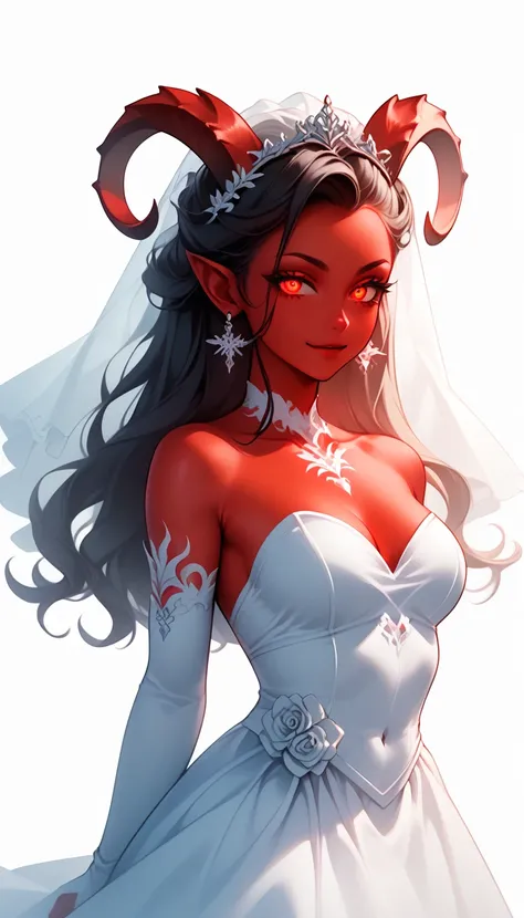 score_9, score_8_up, score_7_up, 1girl, solo, flowing hair, glowing red eyes, cute curved ram horns, sharp ears, red skin, demoness, stark white background, limited red palette, monochromatic, eerie atmosphere, light wedding dress, seductive,