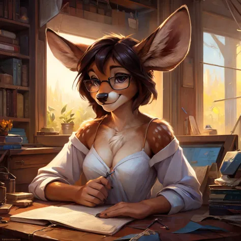 uploaded on e621, by Pixelsketcher, by Bayard Wu, by Thomas Benjamin Kennington , by Einshelm, by hioshiru and kenket, Chunie, portrait, solo anthro female deer doe, with small featureless breasts, clear dark blue, cinematic lighting, day, sunny day, Works...