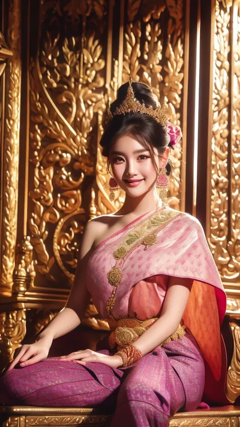 a 20 year old girl with a beautiful face in a traditional thai dress of pink, red, purple, green.,sitting on a golden chair,char...