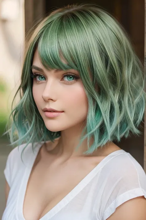 A cutie women with middle style hair cut means wolf cut, having green eyes, and color full hairs