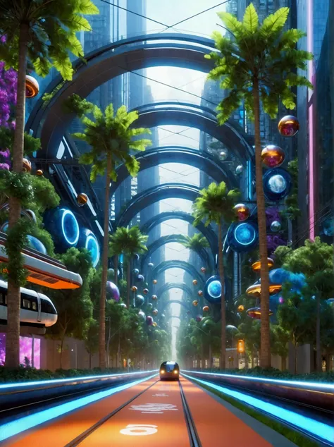 Cidade futuristica, 24th century, skyscrapper, nanomaterials, streamlined line design, Road system, Maglev train, trpical garden, A plant, the trees, Air purification, Regulate the climate, air vehicle, Anti-gravity technology, Dynamic colored lights, Auto...