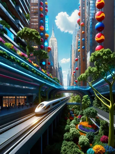 cidade futuristica, 24th century, skyscrapper, nanomaterials, streamlined line design, road system, maglev train, trpical garden...