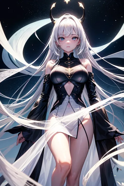 Ridiculous ,masterpiece, Headquarters, 4K, high dynamic range, best quality, 1girl exist center screen with beautifulface, White_hair. (black clothing:1.2),Deep Dark, Bangs, breast, Eyebrow_visible_pass_hair, hair_decoration, Light_particle, Long-term_hair...