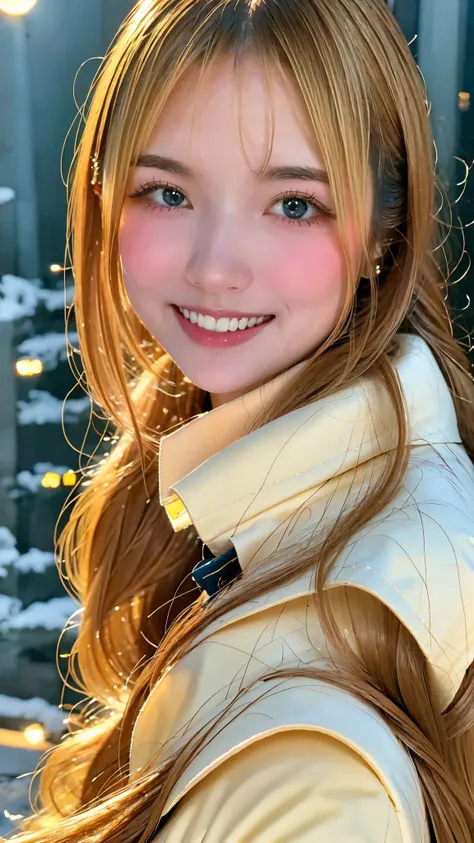 (Highest quality、masterpiece、8K、Best image quality、Hyperrealism、Award-winning works)、1 Girl、(The perfect heavyweight melton coat:1.2)、Soft indirect lighting、Soft and delicate light、Romantic lighting、Spectacular Cinema Lighting、Romantic snowy night city、Rom...