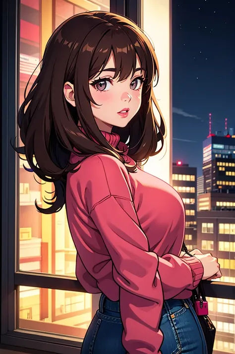 Girl, long straight brown hair, gray eyes, soft sharp features, white skin, pink lips, red sweater, wearing denim shorts shes looking out of the big window of her apartment, seeing the city at night big buildings 