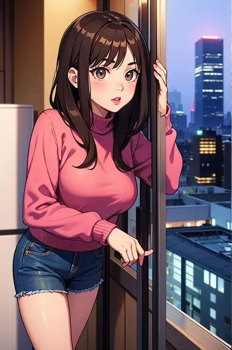 Girl, long straight brown hair, gray eyes, soft sharp features, white skin, pink lips, red sweater, wearing denim shorts shes looking out of the big window of her apartment, seeing the city at night big buildings 