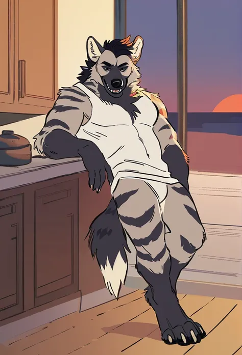 solo, male, anthro (striped hyena), by tritscrits, (by botch:0.7), digitigrade, digital artwork, (flat colors:1.3), striped hyena tail, mature male, sexy, ((detailed background)), athletic, gray fur, looking at camera,