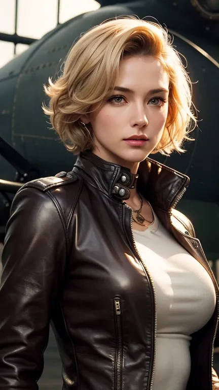 steampunk of a beautiful attractive woman wavy short blond hair in leather pilot suit, over size leather jacket, mist, steampunk biplane background, beautiful breast ,medium long shot ,elegance pose, cinematic light, hyper realistic