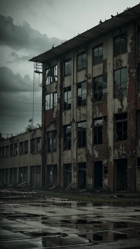 Abandoned airplane factory, dilapidated structures, rusted metal, vines, eerie atmosphere, high quality, realistic, desaturated tones, moody lighting, post-apocalyptic, industrial decay, empty and desolate, hauntingly beautiful, overcast sky, broken window...