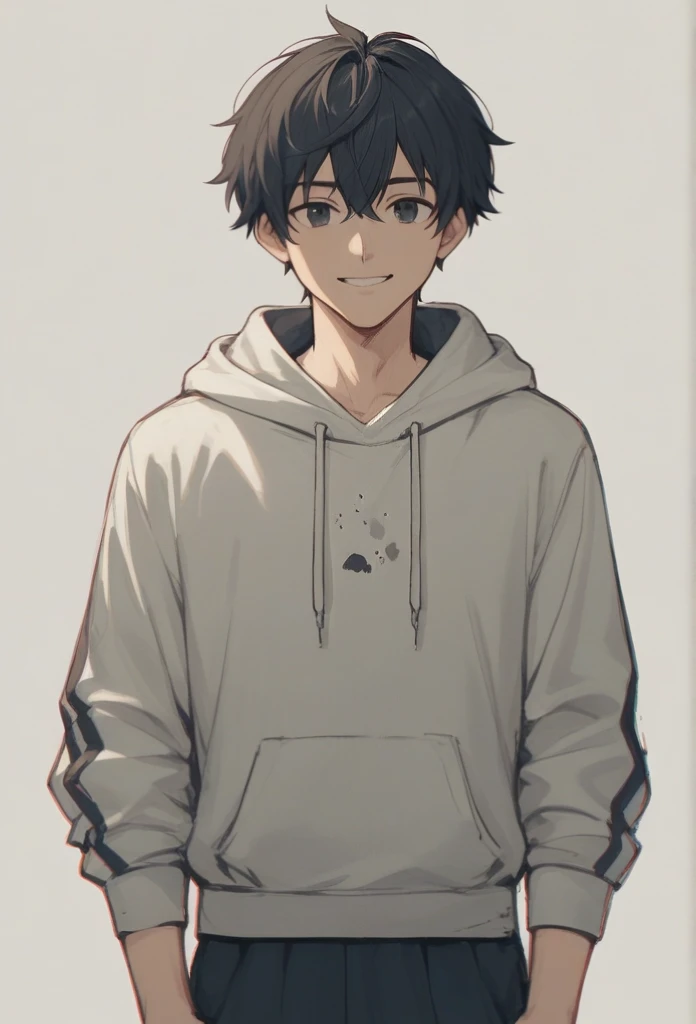 (best qualityer),, (portraite), ,one boy,wear a hoodie, black skirt, stand,black hair,smiling, White background,, sketch in black and color, 
 