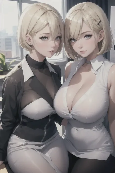 2 girls, side view, in a office, office suit, blonde, beautiful detailed white eyes, short haircut, chocker, beautiful detailed lips, extremely detailed face, Morning, upper body, 8k, raw photo, best quality, masterpiece, realistic, photo-realistic. large ...