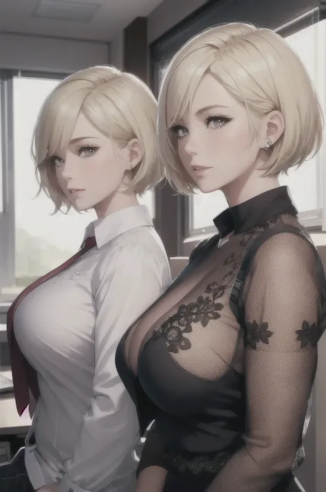 2 girls, side view, in a office, office suit, blonde, beautiful detailed white eyes, short haircut, chocker, beautiful detailed lips, extremely detailed face, Morning, upper body, 8k, raw photo, best quality, masterpiece, realistic, photo-realistic. large ...