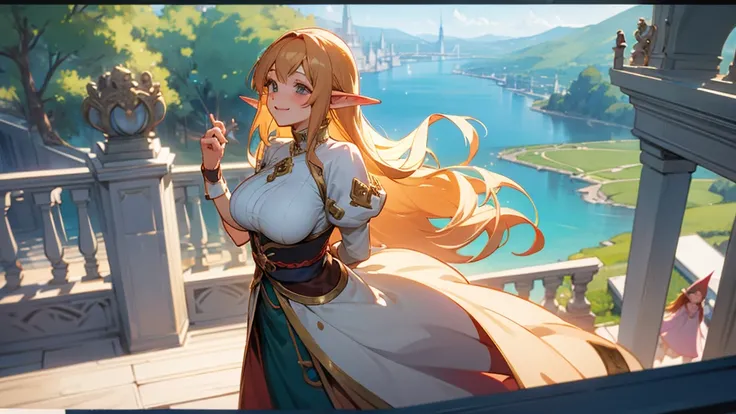 Anime Style,A detailed background with many people,Magical World,People on the balcony,Smiling Bard Elf,Mature Woman,Large Breasts,Protruding buttocks