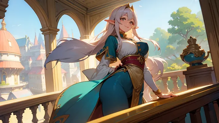 Anime Style,A detailed background with many people,Magical World,People on the balcony,Smiling Bard Elf,Mature Woman,Large Breasts,Protruding buttocks