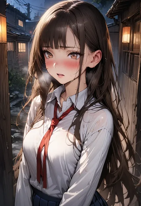 ((masterpiece,Highest quality:1.3,best quality illustration,realistic:1.3)),cowboy shot,独奏,1woman,(18-year-old、Japanese Beauty)、brown hair,long hair,bangs,brown eyes,gorgeous eyes,((very small head:1.3)),blush,Heavy breathing,((very long body:1.2,skinny)),...