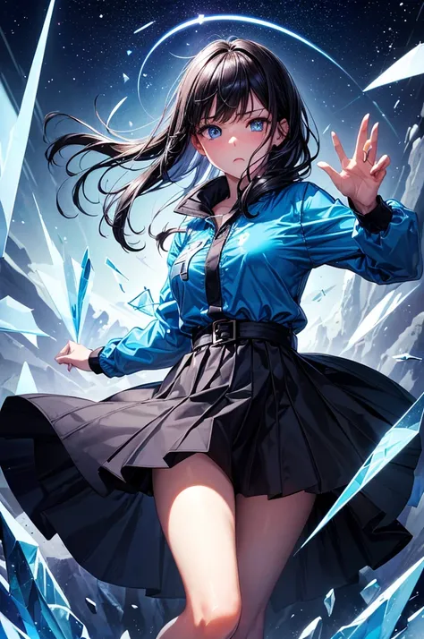 (best quality, masterpiece),(1 girl, windbreaker,Expressive face, blue eyes, looking at the audience, black hair, Keep your mouth shut, Dress Shirts, Black skirt, Reach out to the audience), (Reduce blue light, There are many blue glass shards hovering beh...