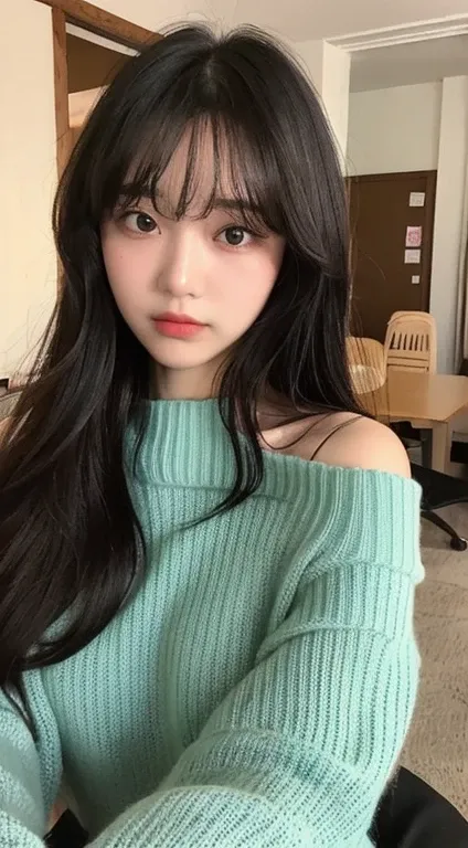 ((Highest quality)), ((masterpiece)), (detailed), One girl, Off-the-shoulder sweater, E Cup,Black Hair,long hair,Inside the room,With bangs,Double,Japanese,Taking a selfie