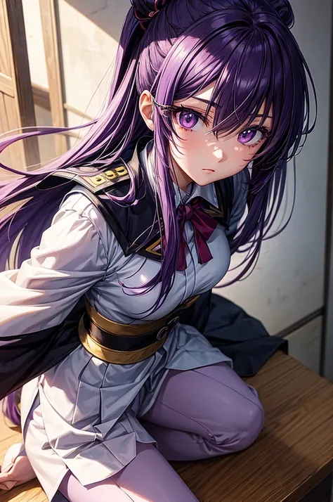 2d, masterpiece, best quality, Japanese cartoon, Very detailed, 1 girl, alone, Yuri, Purple Eyes, purple hair, Hair between the eyes, hairpin, Uniforms, sick face