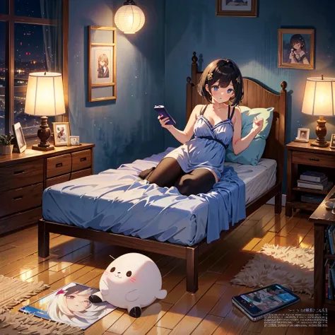 Masterpiece, highest quality, high resolution background, bright and beautiful atmosphere, 3 girls (2 years old, 1 short-tempered round face), 1  (hair, surface effects), small breasts, on the bed in my room, A girl sitting on the bed, a girl holding a sma...