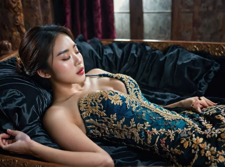 In a striking 8K HDR scene, a stunning Korean woman, 22 years old, lies peacefully in a black coffin surrounded by plush pillows. The deep box is set against a rich black background, accentuating the beauty of the subject. Her exquisite kebaya attire is em...