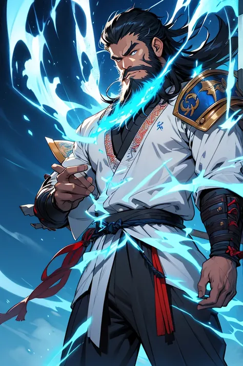 Draw Takumi Sato (Raijin) in a regal and commanding pose.(((( long beard )))),He stands tall with an aura of electric, stormy energy glowing intensely around him. His modernized samurai armor with electric blue lightning details and his wild black hair and...