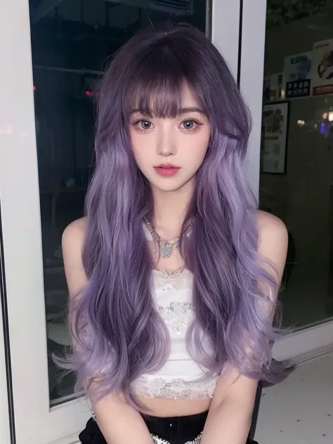 Purple long curly hair，Natural and beautiful hair，The background is simple and clean，