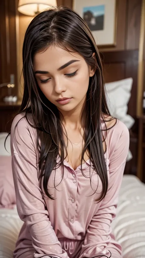 sleeping girl, 22 years old, realistic, she is wearing pink long pajama, brown hair.