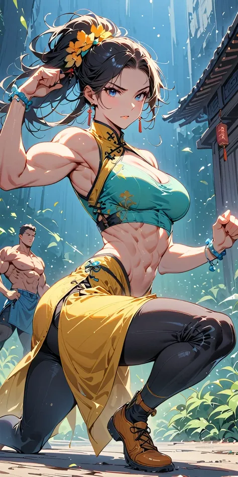 muscular woman and doing a knee strike, six pack, no men in background , Chinese dress crop top,  and leggings, full body portrait