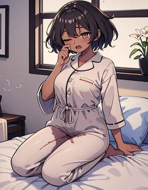 1girl, 独奏, medium breasts, dark skinned female:1.2, ,(dark skin:1.8), black hair, short hair, pixie cut, wavy hair, amber eyes, one eyes closed, wake up yawn, open mouth, covering mouth, pijamas, (white pajamas), window, morning, looking at viewer, sitting...