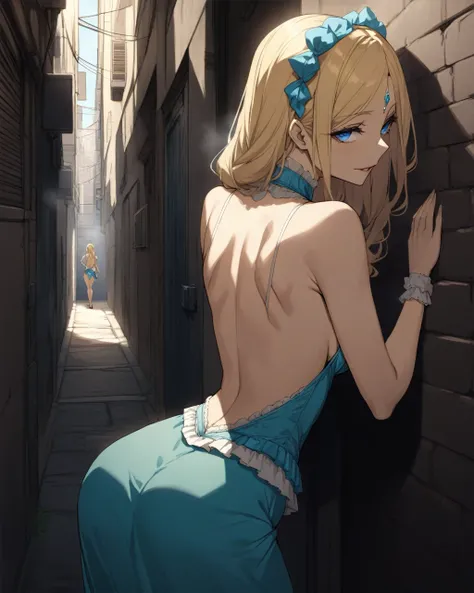 masterpiece,Highest quality,One girl,alone,Blonde,blue eyes,Prostitute,back alley,leaning on wall,