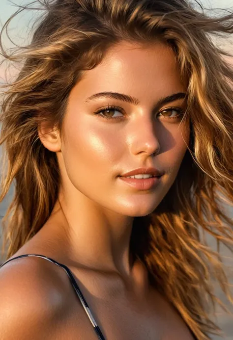 photo sexy aux bord de la plage avec un coucher de soleil en arrière plan , il faut voir tout le corps une femme magnifique de 23 ans, poitrine visible et grosse , léger sourire, visage et yeux détaillés, Éclairage naturel, , cheveux longs, contraste moyen...