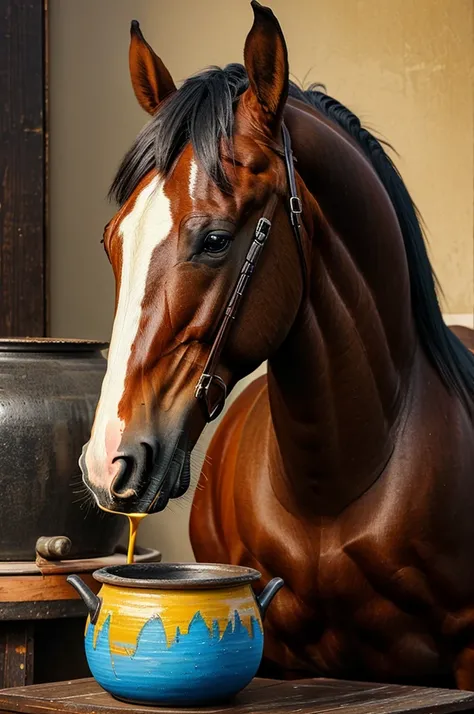 Create a painting that features a horse with a pot placed on top of it. Both the horse and the pot should be clearly visible in the painting."






