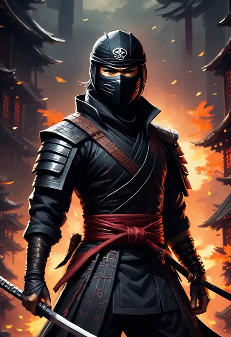 A ninja in biomeca style relay detailled and textured, in dreaming dark world, with katana and shuriken witj arms crossed