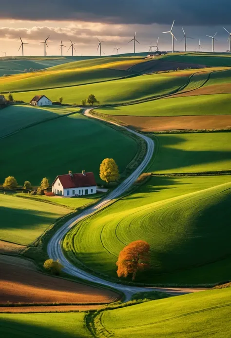 Ultra-high resolution，Rolling countryside，Green fields and farmhouses in the distance，reflected light，Medium shot，Highest image quality，8K分辨率，Mosaic，Hard edge painting，Watercolor，8K，Matte look,Color Palette,Impressionism,Ultra wide angle,Ultra HD,Ultra-fin...