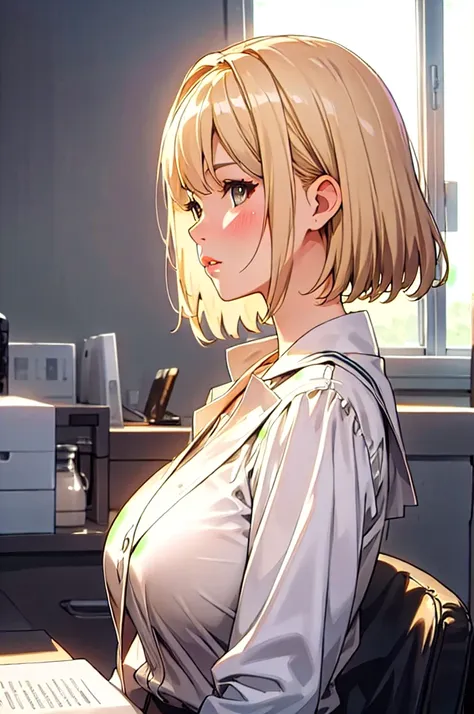 1 girl, side view, in a office, office suit, blonde, beautiful detailed white eyes, short haircut, chocker, beautiful detailed l...